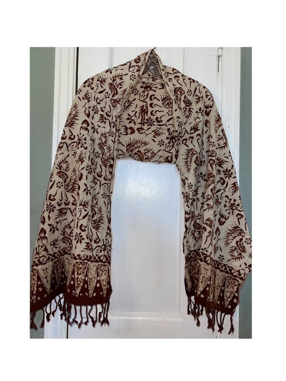 Beige and Brown Patterned Fringe Shawl